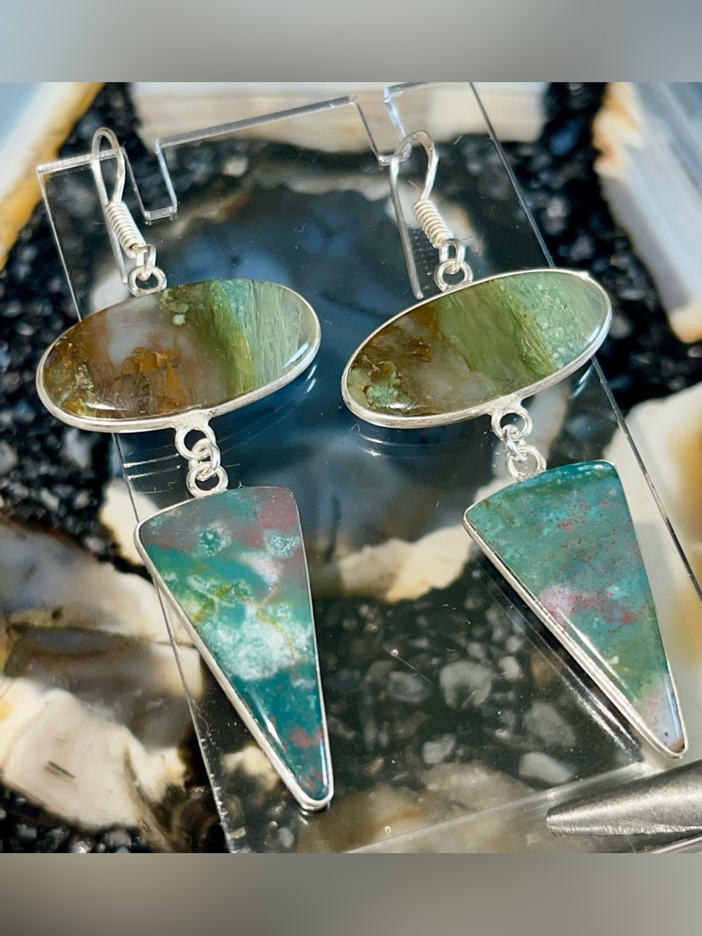 Combo of Green Moss Agate & Bloodstone Jasper Crystal Earrings 2 1/2”